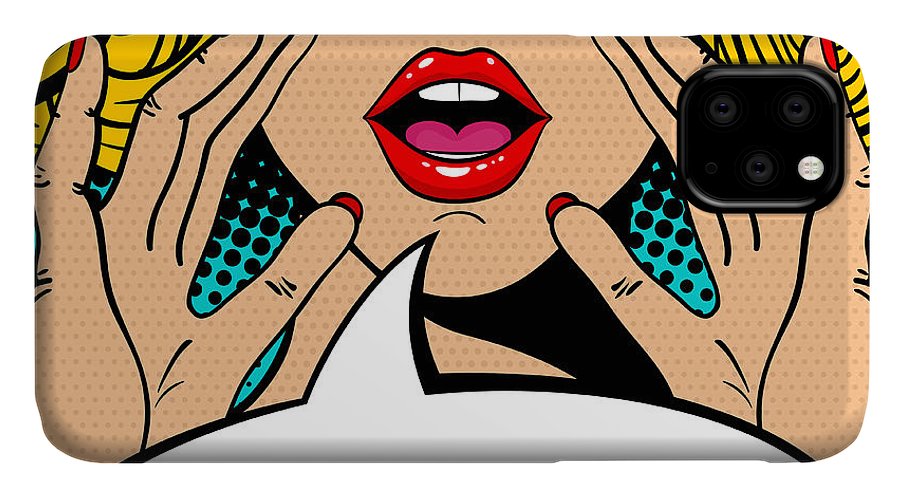 Sexy surprised blonde pop art woman with open mouth and rising hands screaming announcement. Vector background in comic retro pop art style. Party invitation. - Phone Case