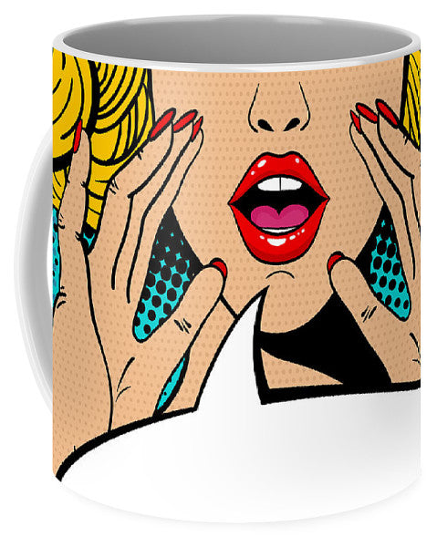 Sexy surprised blonde pop art woman with open mouth and rising hands screaming announcement. Vector background in comic retro pop art style. Party invitation. - Mug
