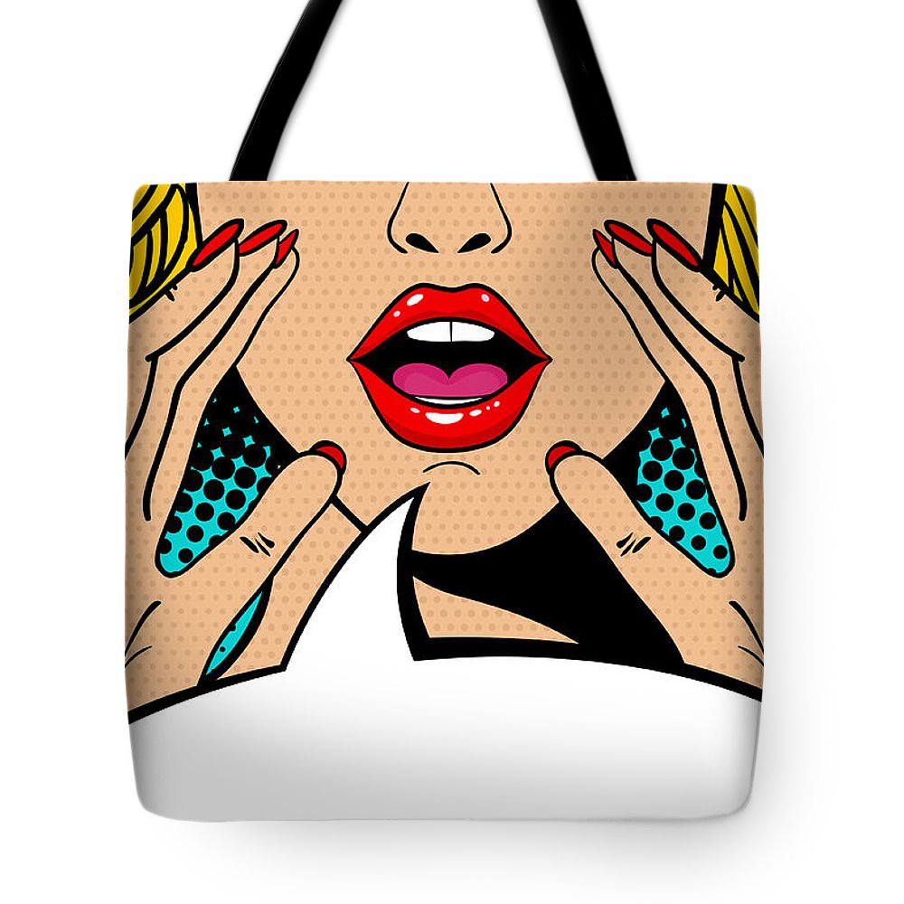 Sexy surprised blonde pop art woman with open mouth and rising hands screaming announcement. Vector background in comic retro pop art style. Party invitation. - Tote Bag