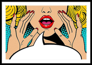 Sexy surprised blonde pop art woman with open mouth and rising hands screaming announcement. Vector background in comic retro pop art style. Party invitation. - Framed Print