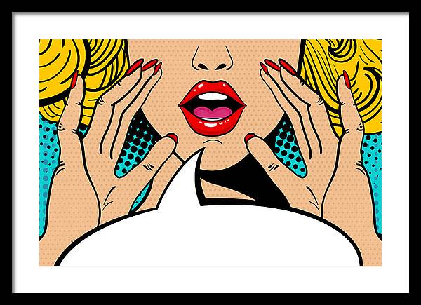 Sexy surprised blonde pop art woman with open mouth and rising hands screaming announcement. Vector background in comic retro pop art style. Party invitation. - Framed Print