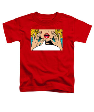 Sexy surprised blonde pop art woman with open mouth and rising hands screaming announcement. Vector background in comic retro pop art style. Party invitation. - Toddler T-Shirt
