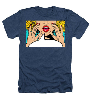 Sexy surprised blonde pop art woman with open mouth and rising hands screaming announcement. Vector background in comic retro pop art style. Party invitation. - Heathers T-Shirt