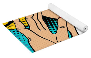 Sexy surprised blonde pop art woman with open mouth and rising hands screaming announcement. Vector background in comic retro pop art style. Party invitation. - Yoga Mat
