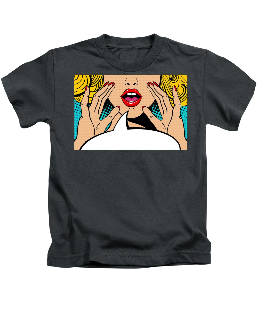 Sexy surprised blonde pop art woman with open mouth and rising hands screaming announcement. Vector background in comic retro pop art style. Party invitation. - Kids T-Shirt