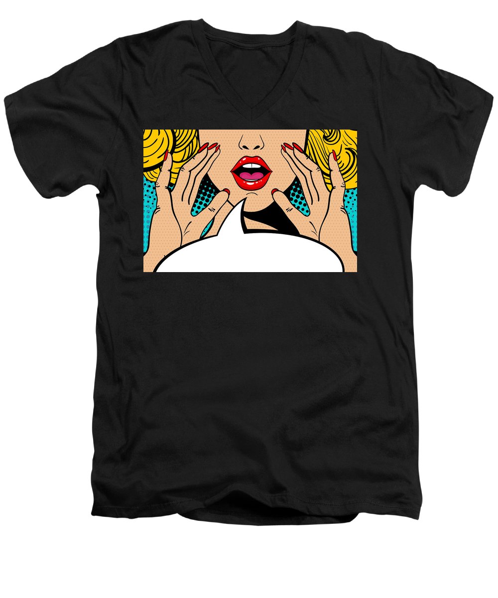 Sexy surprised blonde pop art woman with open mouth and rising hands screaming announcement. Vector background in comic retro pop art style. Party invitation. - Men's V-Neck T-Shirt