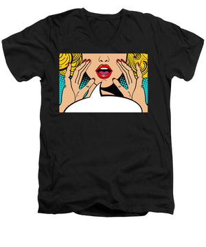 Sexy surprised blonde pop art woman with open mouth and rising hands screaming announcement. Vector background in comic retro pop art style. Party invitation. - Men's V-Neck T-Shirt