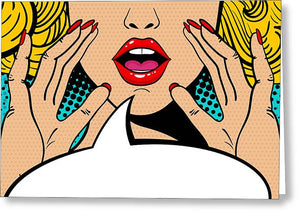 Sexy surprised blonde pop art woman with open mouth and rising hands screaming announcement. Vector background in comic retro pop art style. Party invitation. - Greeting Card