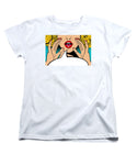Sexy surprised blonde pop art woman with open mouth and rising hands screaming announcement. Vector background in comic retro pop art style. Party invitation. - Women's T-Shirt (Standard Fit)