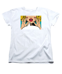 Sexy surprised blonde pop art woman with open mouth and rising hands screaming announcement. Vector background in comic retro pop art style. Party invitation. - Women's T-Shirt (Standard Fit)