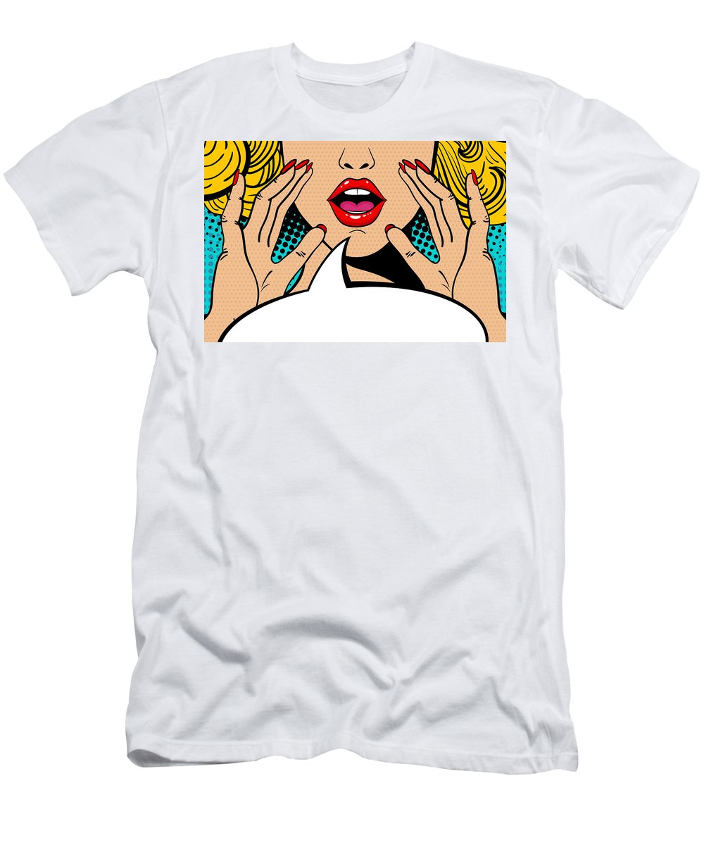 Sexy surprised blonde pop art woman with open mouth and rising hands screaming announcement. Vector background in comic retro pop art style. Party invitation. - T-Shirt
