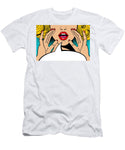 Sexy surprised blonde pop art woman with open mouth and rising hands screaming announcement. Vector background in comic retro pop art style. Party invitation. - T-Shirt