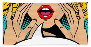 Sexy surprised blonde pop art woman with open mouth and rising hands screaming announcement. Vector background in comic retro pop art style. Party invitation. - Beach Towel
