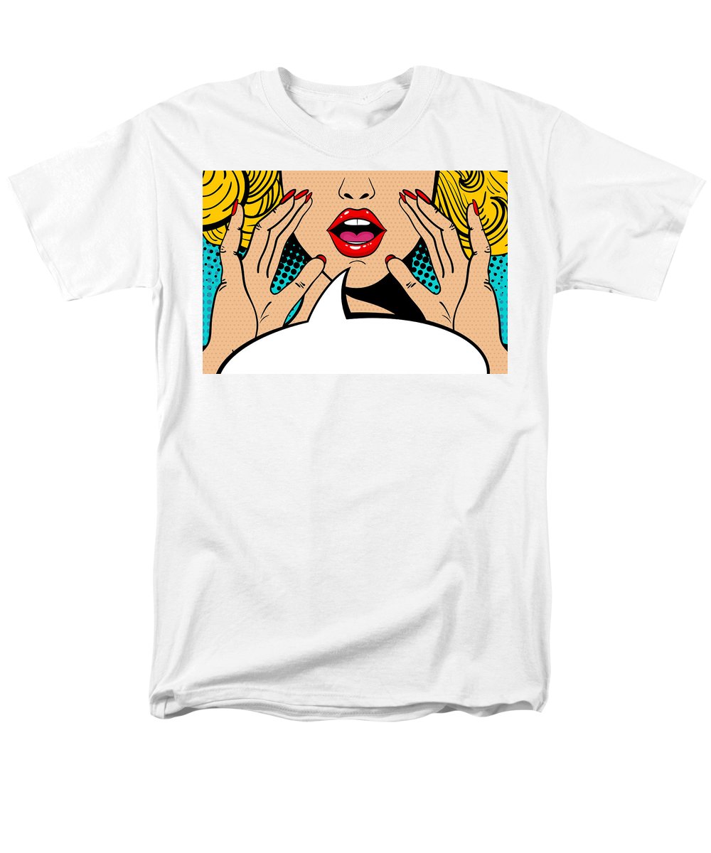 Sexy surprised blonde pop art woman with open mouth and rising hands screaming announcement. Vector background in comic retro pop art style. Party invitation. - Men's T-Shirt  (Regular Fit)