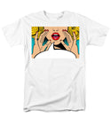 Sexy surprised blonde pop art woman with open mouth and rising hands screaming announcement. Vector background in comic retro pop art style. Party invitation. - Men's T-Shirt  (Regular Fit)
