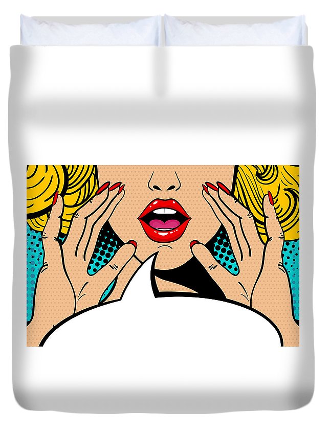 Sexy surprised blonde pop art woman with open mouth and rising hands screaming announcement. Vector background in comic retro pop art style. Party invitation. - Duvet Cover
