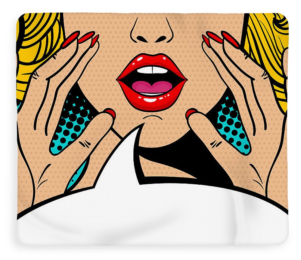 Sexy surprised blonde pop art woman with open mouth and rising hands screaming announcement. Vector background in comic retro pop art style. Party invitation. - Blanket