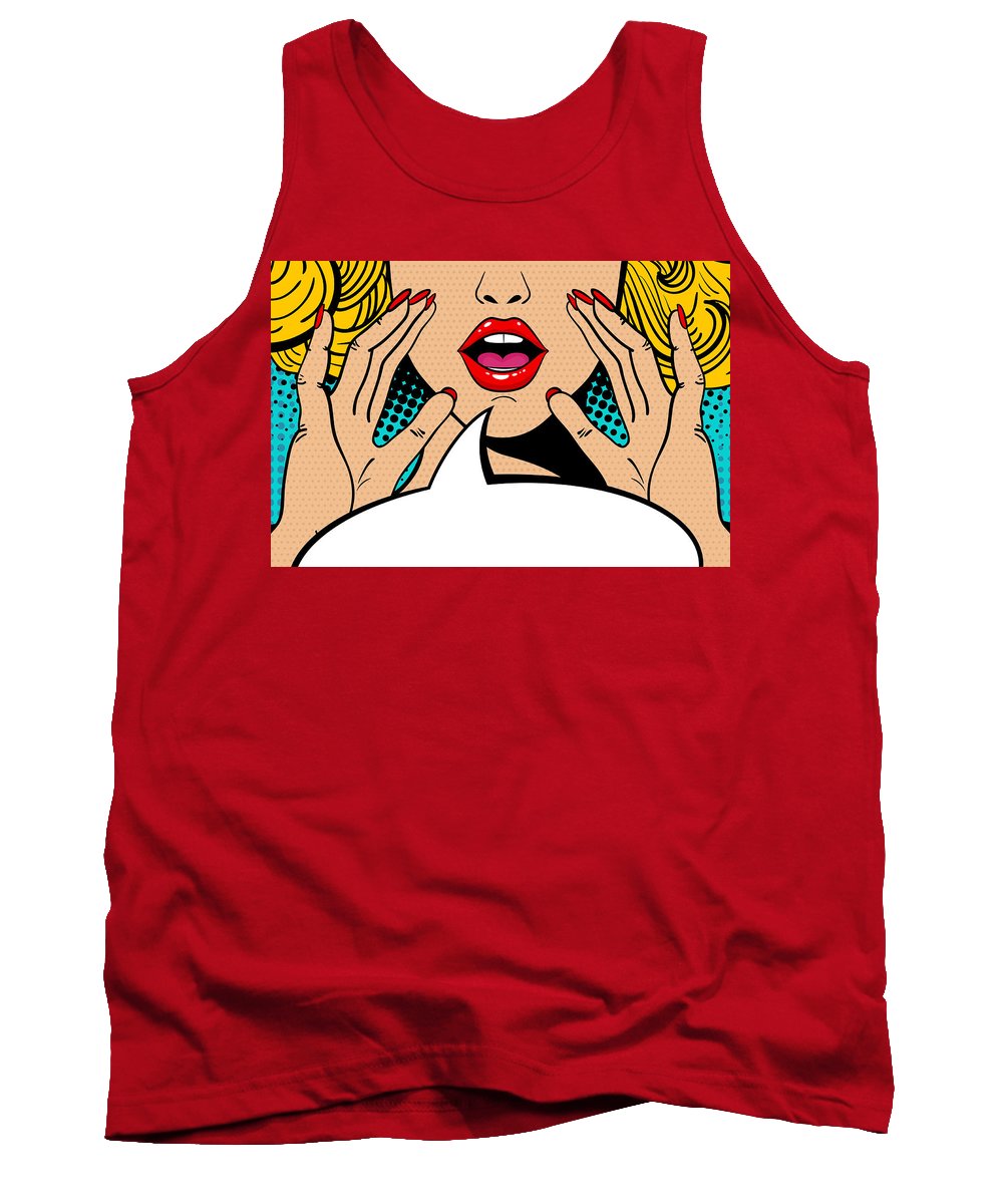 Sexy surprised blonde pop art woman with open mouth and rising hands screaming announcement. Vector background in comic retro pop art style. Party invitation. - Tank Top