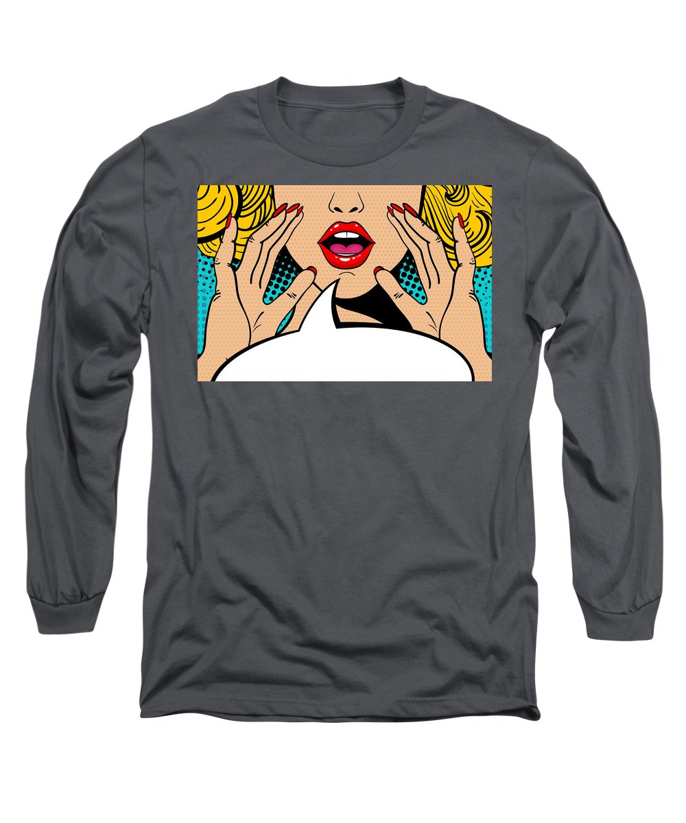 Sexy surprised blonde pop art woman with open mouth and rising hands screaming announcement. Vector background in comic retro pop art style. Party invitation. - Long Sleeve T-Shirt