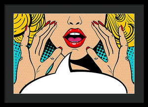 Sexy surprised blonde pop art woman with open mouth and rising hands screaming announcement. Vector background in comic retro pop art style. Party invitation. - Framed Print
