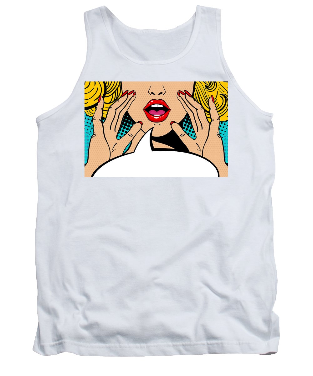 Sexy surprised blonde pop art woman with open mouth and rising hands screaming announcement. Vector background in comic retro pop art style. Party invitation. - Tank Top