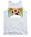 Sexy surprised blonde pop art woman with open mouth and rising hands screaming announcement. Vector background in comic retro pop art style. Party invitation. - Tank Top