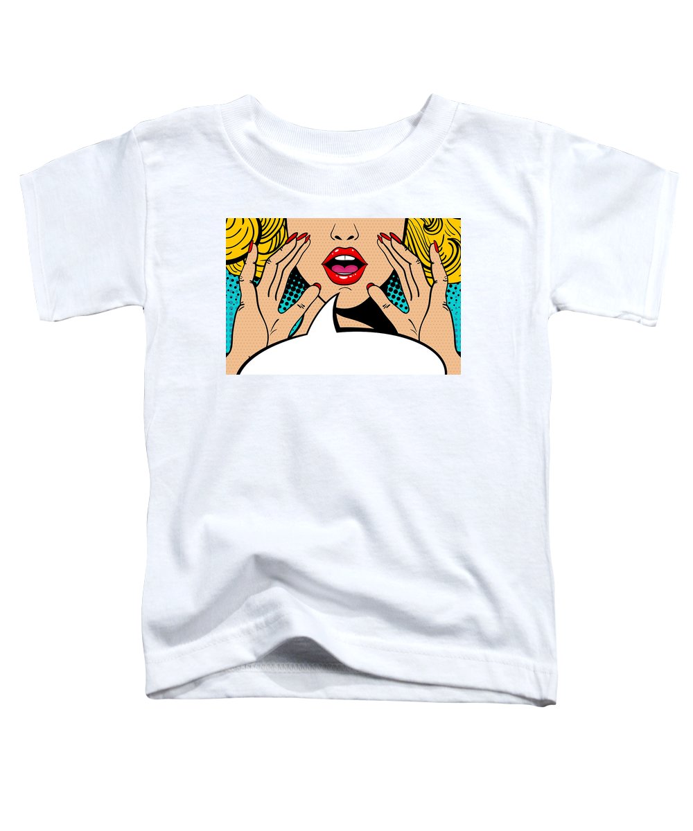 Sexy surprised blonde pop art woman with open mouth and rising hands screaming announcement. Vector background in comic retro pop art style. Party invitation. - Toddler T-Shirt