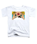 Sexy surprised blonde pop art woman with open mouth and rising hands screaming announcement. Vector background in comic retro pop art style. Party invitation. - Toddler T-Shirt