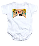 Sexy surprised blonde pop art woman with open mouth and rising hands screaming announcement. Vector background in comic retro pop art style. Party invitation. - Baby Onesie