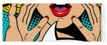 Sexy surprised blonde pop art woman with open mouth and rising hands screaming announcement. Vector background in comic retro pop art style. Party invitation. - Yoga Mat