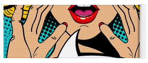 Sexy surprised blonde pop art woman with open mouth and rising hands screaming announcement. Vector background in comic retro pop art style. Party invitation. - Yoga Mat