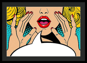 Sexy surprised blonde pop art woman with open mouth and rising hands screaming announcement. Vector background in comic retro pop art style. Party invitation. - Framed Print