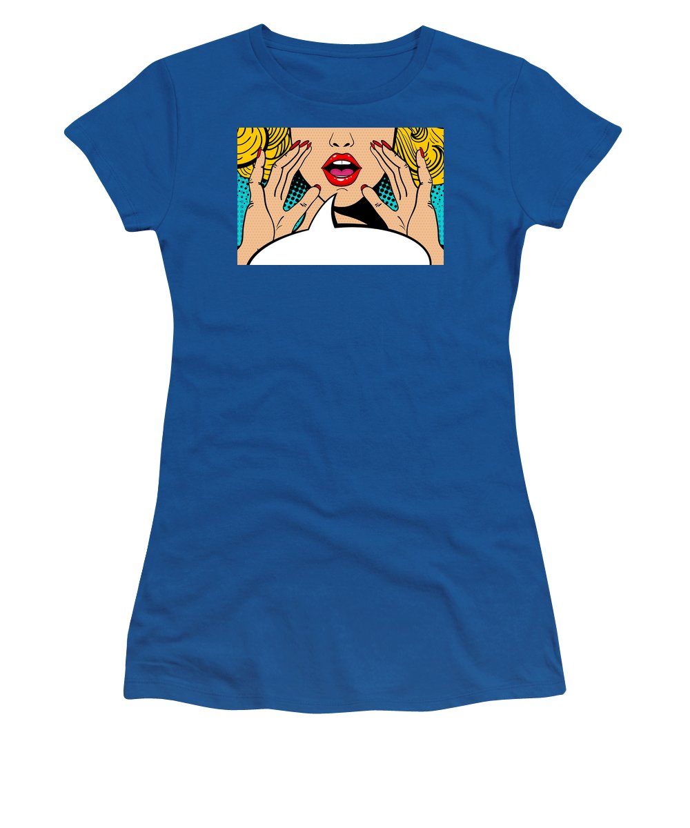 Sexy surprised blonde pop art woman with open mouth and rising hands screaming announcement. Vector background in comic retro pop art style. Party invitation. - Women's T-Shirt