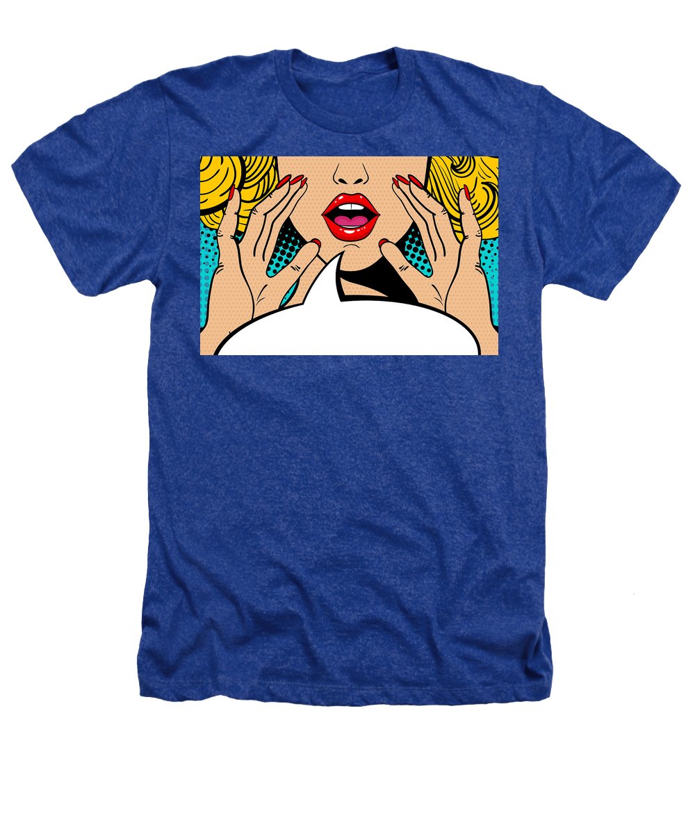 Sexy surprised blonde pop art woman with open mouth and rising hands screaming announcement. Vector background in comic retro pop art style. Party invitation. - Heathers T-Shirt