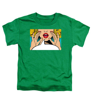 Sexy surprised blonde pop art woman with open mouth and rising hands screaming announcement. Vector background in comic retro pop art style. Party invitation. - Toddler T-Shirt