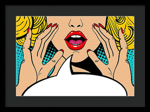 Sexy surprised blonde pop art woman with open mouth and rising hands screaming announcement. Vector background in comic retro pop art style. Party invitation. - Framed Print