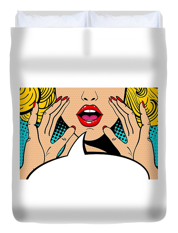 Sexy surprised blonde pop art woman with open mouth and rising hands screaming announcement. Vector background in comic retro pop art style. Party invitation. - Duvet Cover