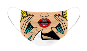 Sexy surprised blonde pop art woman with open mouth and rising hands screaming announcement. Vector background in comic retro pop art style. Party invitation. - Face Mask