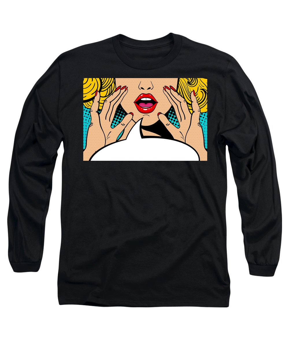 Sexy surprised blonde pop art woman with open mouth and rising hands screaming announcement. Vector background in comic retro pop art style. Party invitation. - Long Sleeve T-Shirt