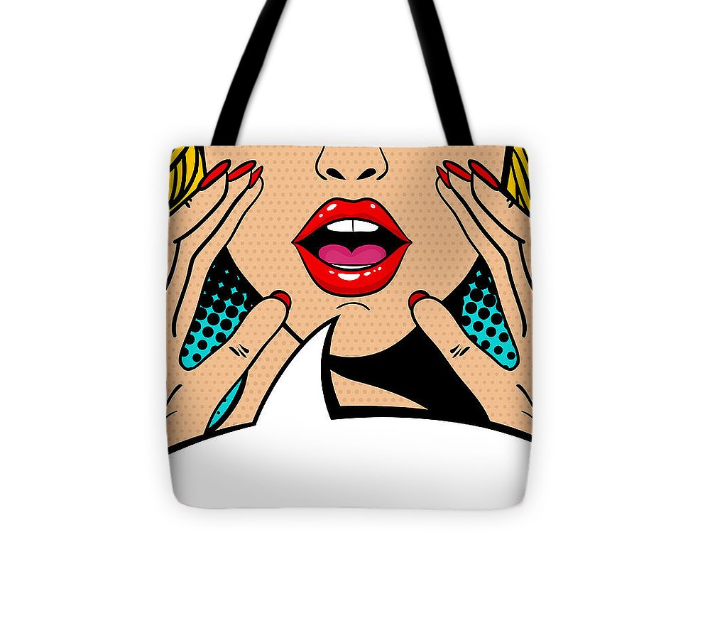 Sexy surprised blonde pop art woman with open mouth and rising hands screaming announcement. Vector background in comic retro pop art style. Party invitation. - Tote Bag