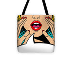 Sexy surprised blonde pop art woman with open mouth and rising hands screaming announcement. Vector background in comic retro pop art style. Party invitation. - Tote Bag