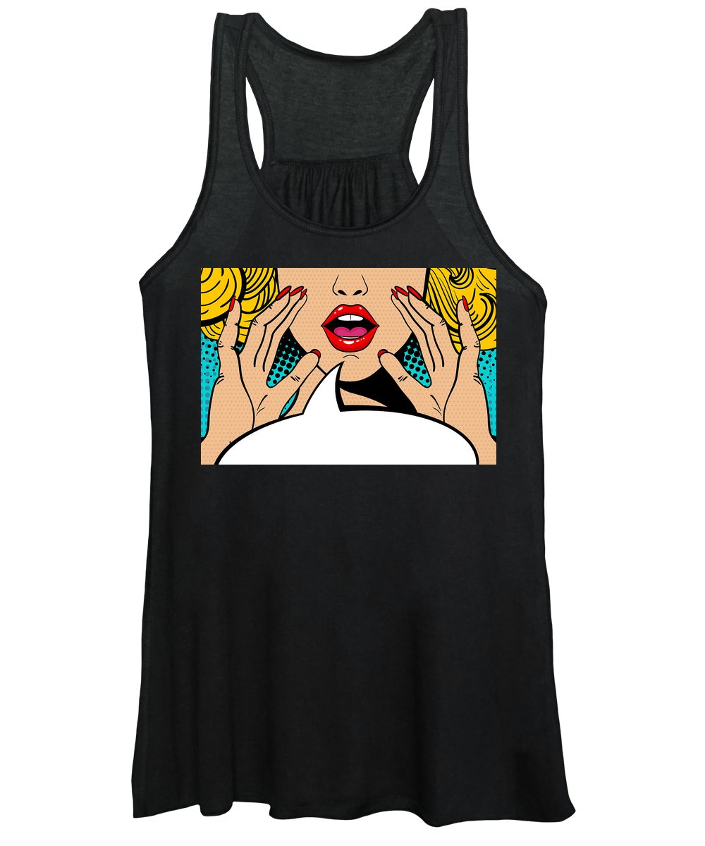 Sexy surprised blonde pop art woman with open mouth and rising hands screaming announcement. Vector background in comic retro pop art style. Party invitation. - Women's Tank Top