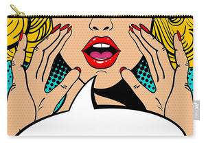 Sexy surprised blonde pop art woman with open mouth and rising hands screaming announcement. Vector background in comic retro pop art style. Party invitation. - Carry-All Pouch