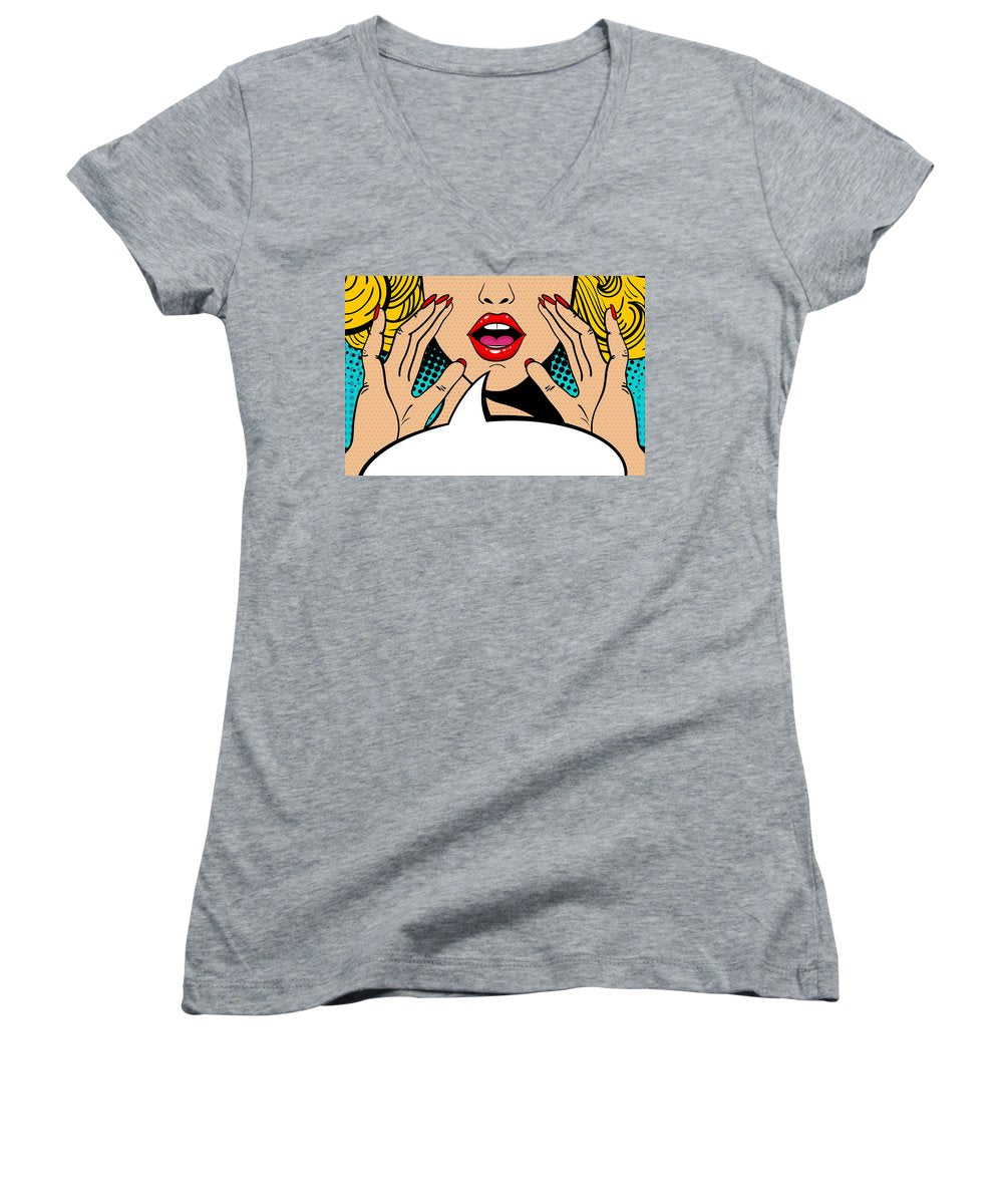 Sexy surprised blonde pop art woman with open mouth and rising hands screaming announcement. Vector background in comic retro pop art style. Party invitation. - Women's V-Neck
