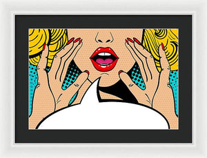 Sexy surprised blonde pop art woman with open mouth and rising hands screaming announcement. Vector background in comic retro pop art style. Party invitation. - Framed Print