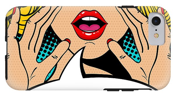Sexy surprised blonde pop art woman with open mouth and rising hands screaming announcement. Vector background in comic retro pop art style. Party invitation. - Phone Case