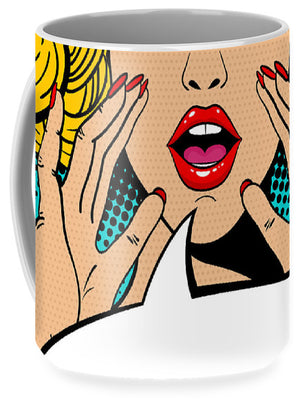 Sexy surprised blonde pop art woman with open mouth and rising hands screaming announcement. Vector background in comic retro pop art style. Party invitation. - Mug