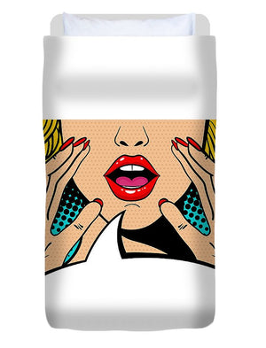 Sexy surprised blonde pop art woman with open mouth and rising hands screaming announcement. Vector background in comic retro pop art style. Party invitation. - Duvet Cover