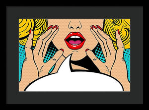 Sexy surprised blonde pop art woman with open mouth and rising hands screaming announcement. Vector background in comic retro pop art style. Party invitation. - Framed Print
