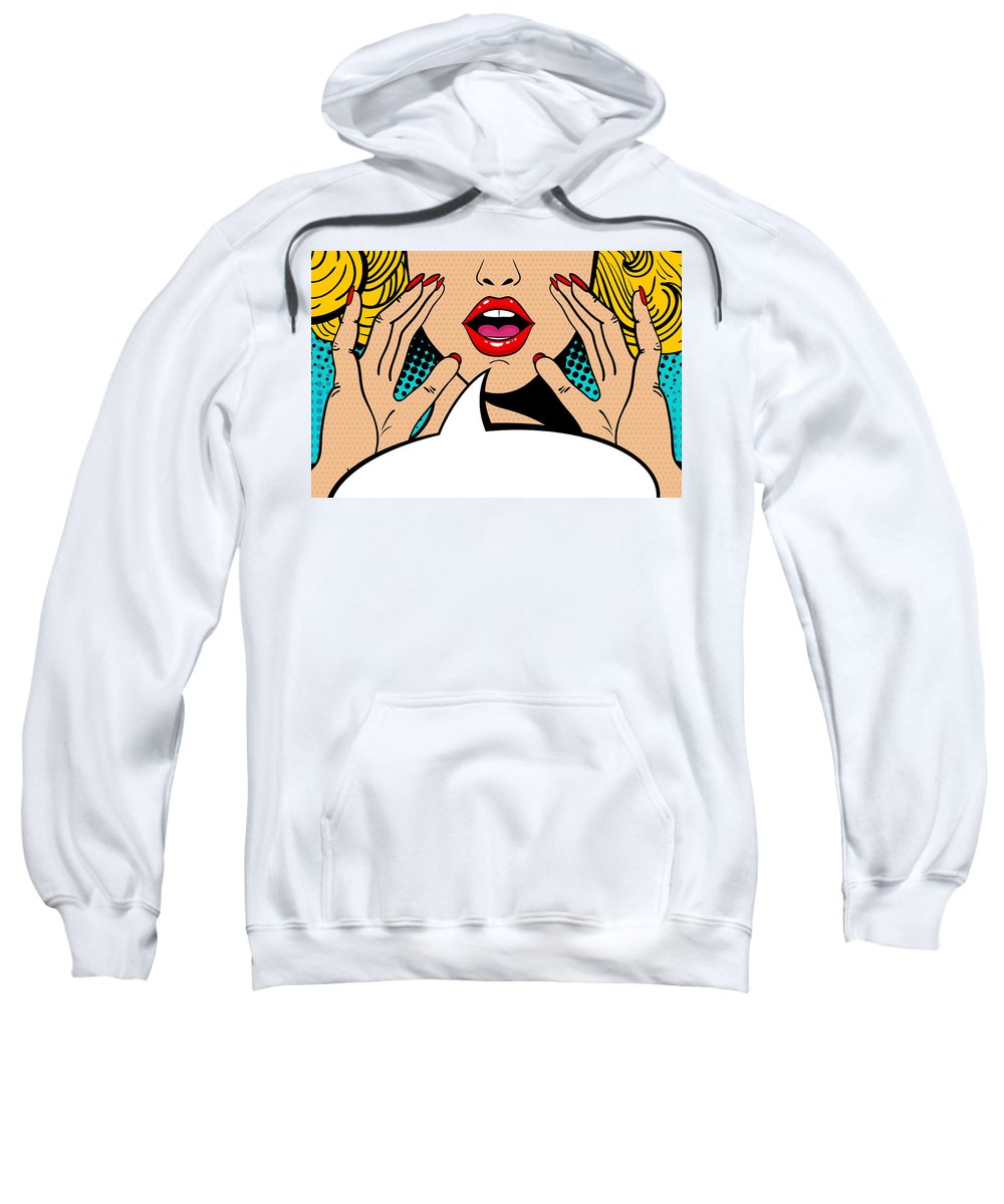 Sexy surprised blonde pop art woman with open mouth and rising hands screaming announcement. Vector background in comic retro pop art style. Party invitation. - Sweatshirt